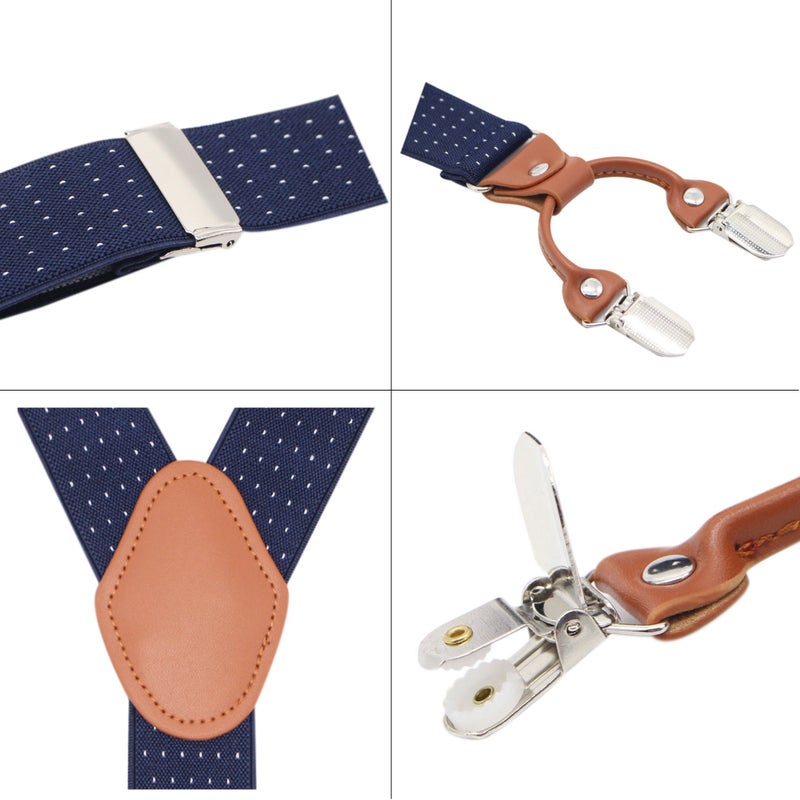 Bioterti Men's Y-Shaped Heavy Duty Suspenders - 6 Metal Clips, Elastic Straps (Navy Dots) - Image 3